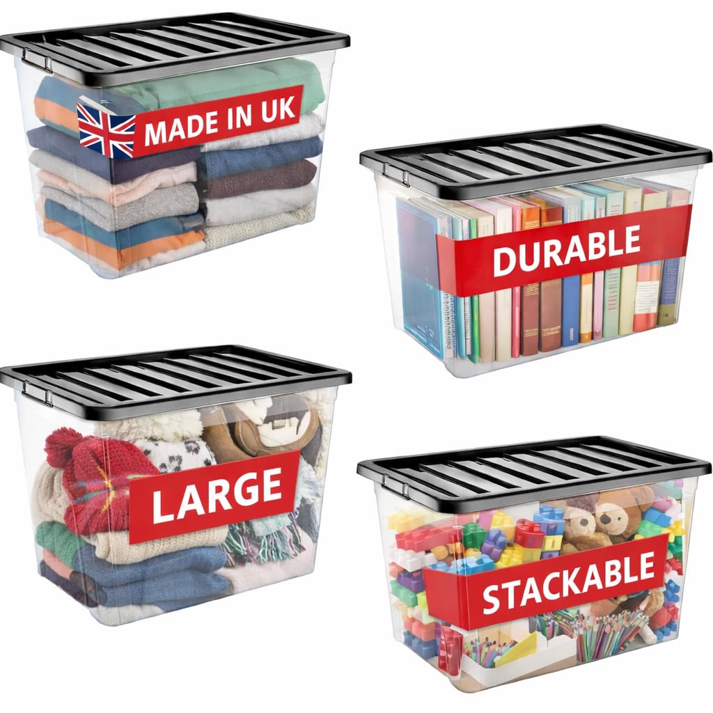 RelianceUK 4 X 30L Plastic Storage Box with Black Lids - Medium Size Durable Storage Boxes | Stackable & Nestable Storage Containers for Home, Garage, Office & School (30 Litre / 4 Pack) — image 1