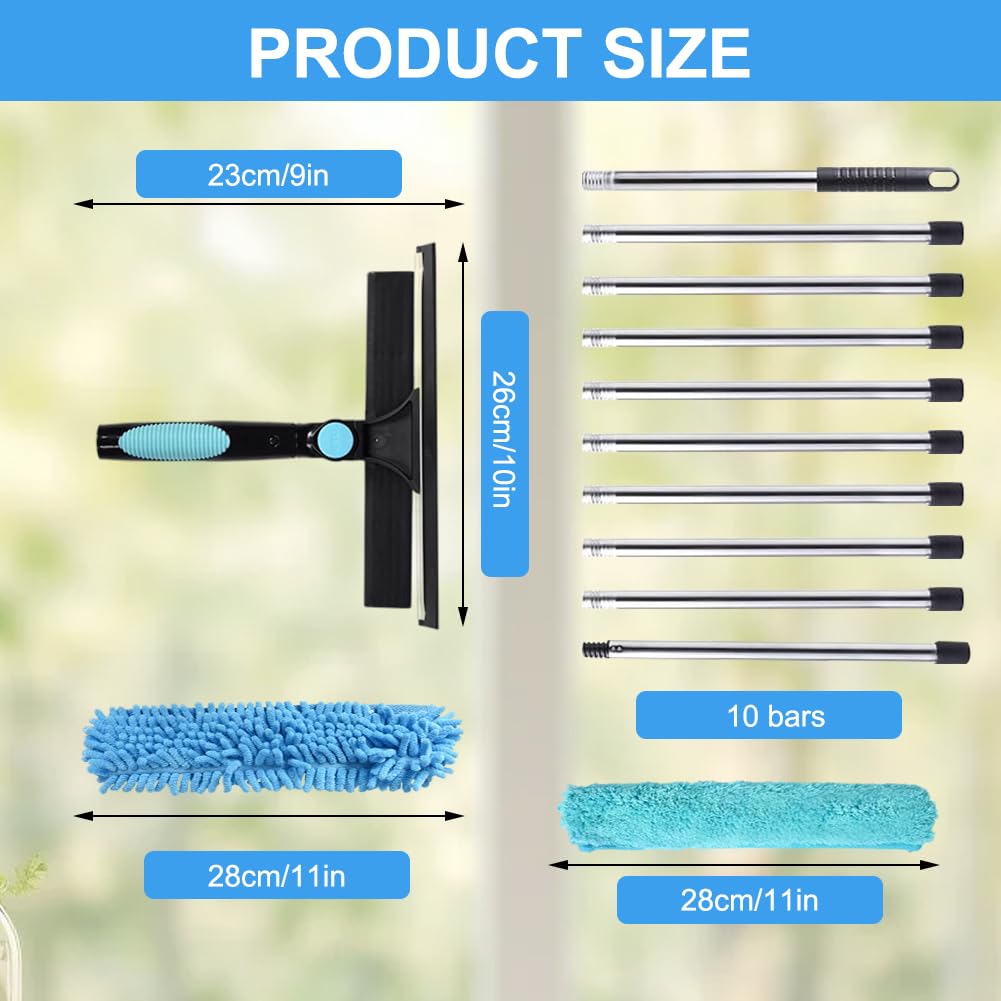 Pulitore telescopico per finestre, 3,7 m, 4,5 m, 2 in 1, set con estrattore in silicone e panno in microfibra, lavavetri con 10 aste telescopiche per finestre alte, auto (blu, 4,5 m)