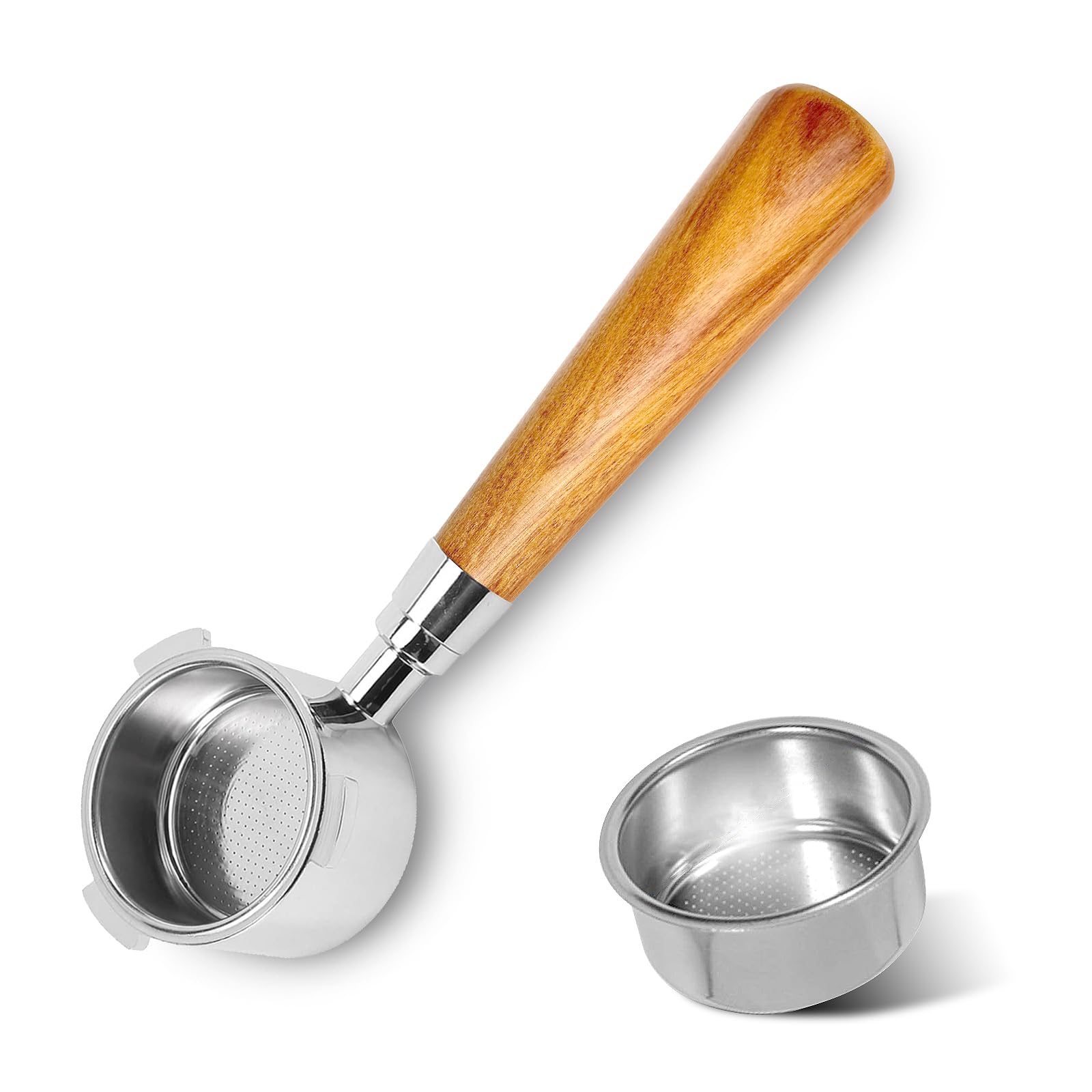 VINATO 51mm Bodenloser Siebträger Für DeLonghi Kaffeemaschinen - Edelstahl Mit Walnussholz Griff