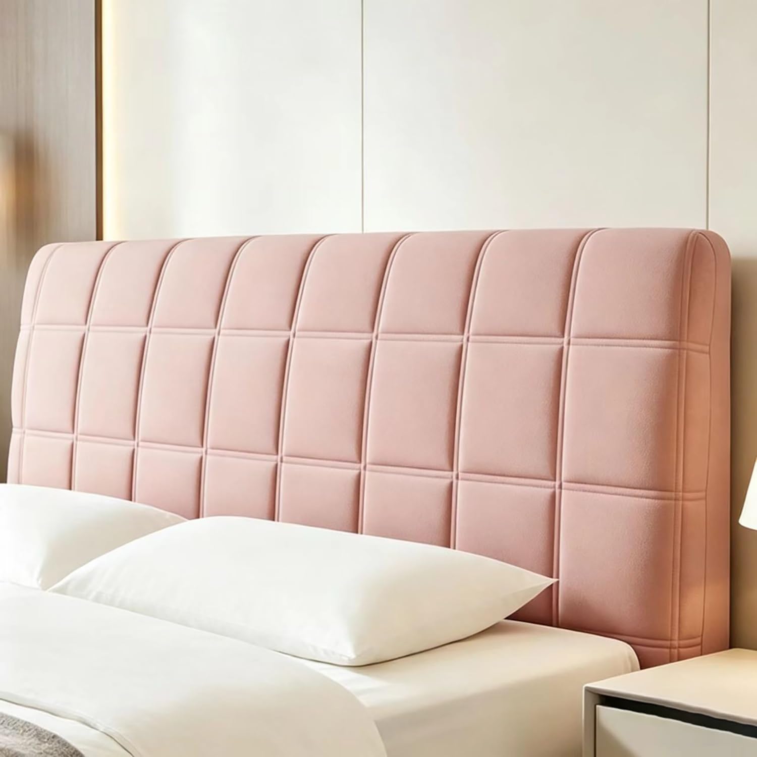 TLMQYXZE Headboard Slipcover，Bed Headboard Cover Protector Padded Velvet Dustproof Stretch Solid Color Quilted Bed Head Covers， For Twin Queen Full California King Size Beds(Pink,120x70cm)