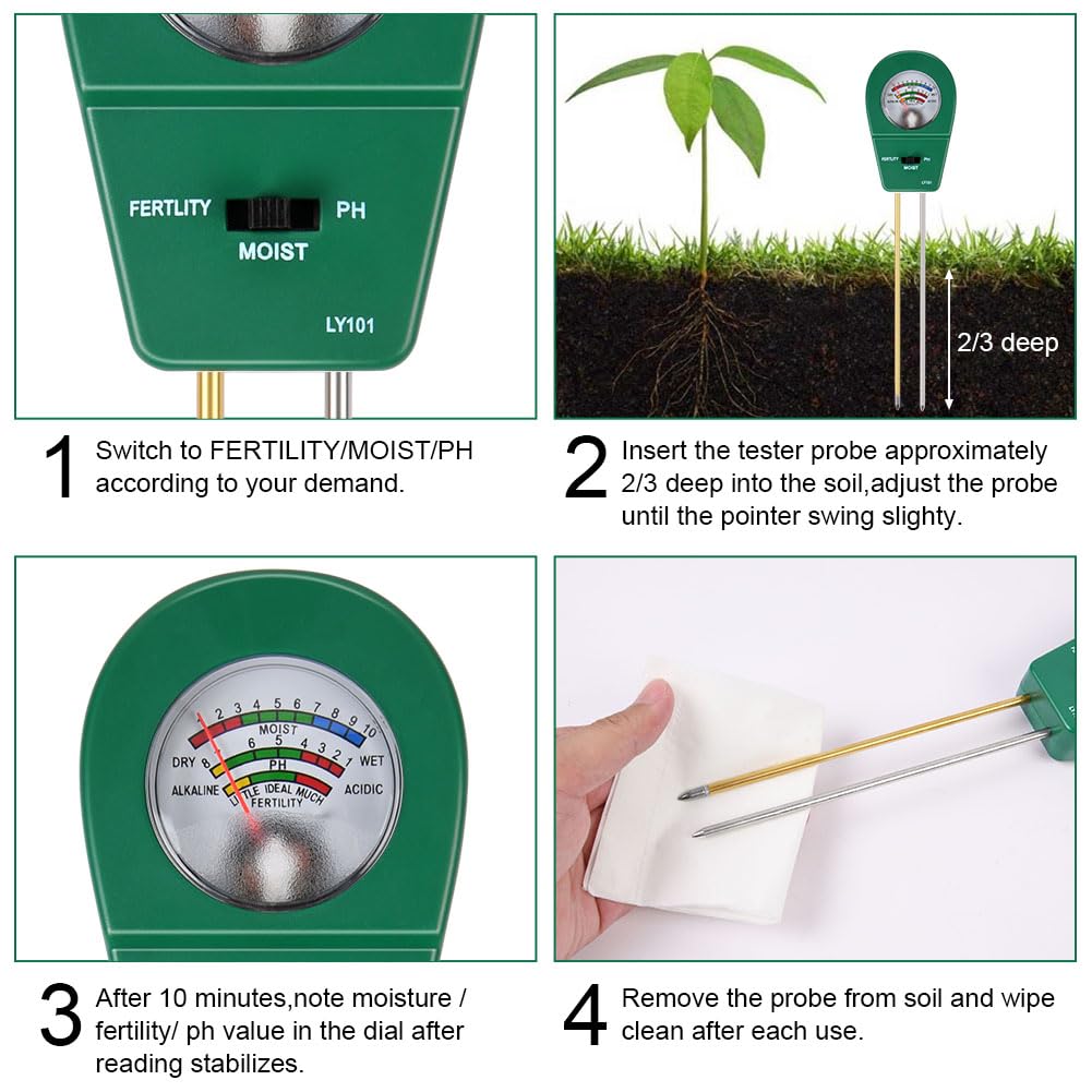 ANOMM 3-in-1 Bodentester – Feuchtigkeit, Fruchtbarkeit & PH-Wert, Lange Doppelsonde, Ohne Batterien, Für Garten, Rasen & Landwirtschaft – Grün, 24,5x6,1x3,1 Cm