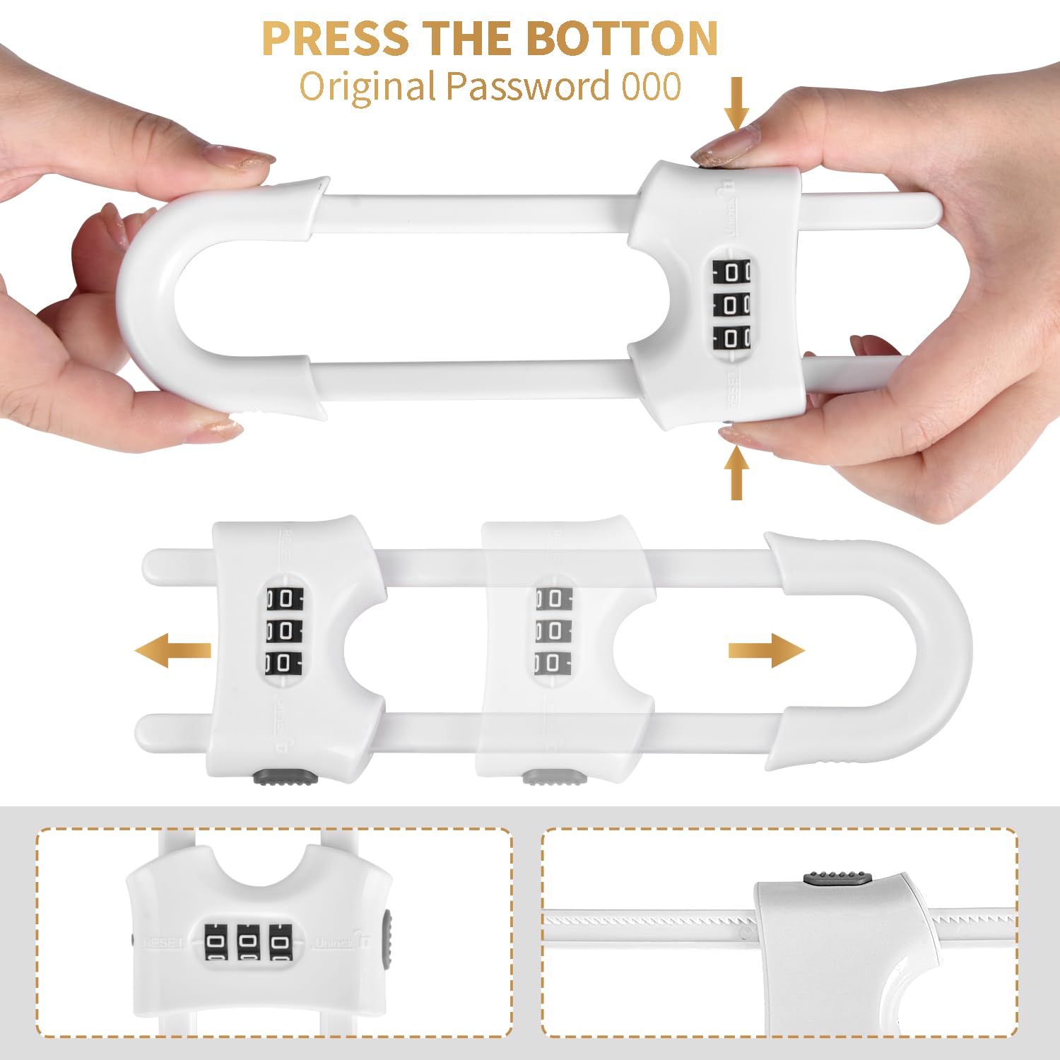 Paquete de 4 cerraduras deslizantes en forma de U multifuncionales para gabinetes de seguridad infantil, clips ajustables a prueba de bebés para armarios del hogar, puertas de refrigerador, pomos de