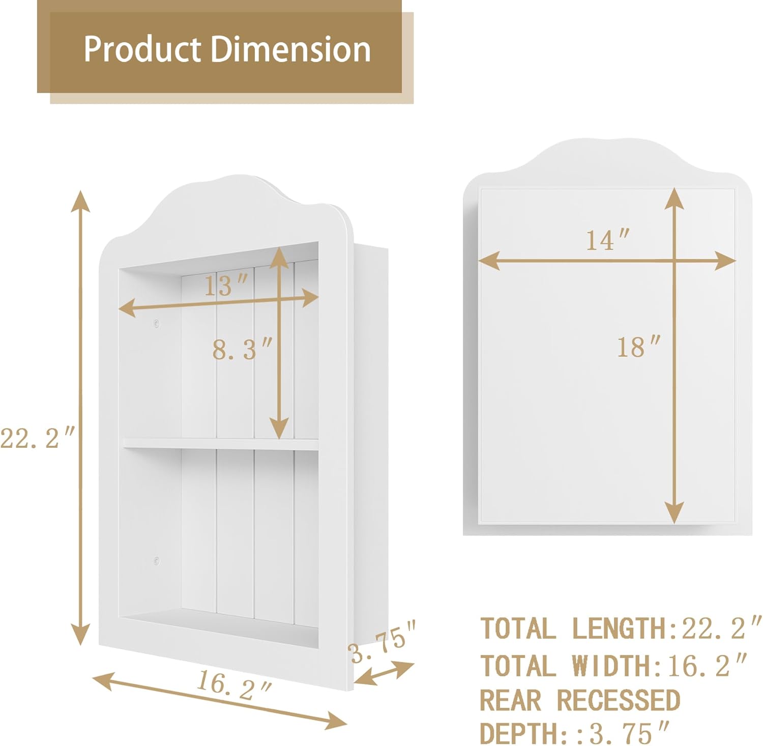 CJL 14'' x 18'' Recessed Medicine Cabinet, Solid Wood in-Wall Bathroom Cabinet, Arched Wall Niche Shelf, 2-Tier, White