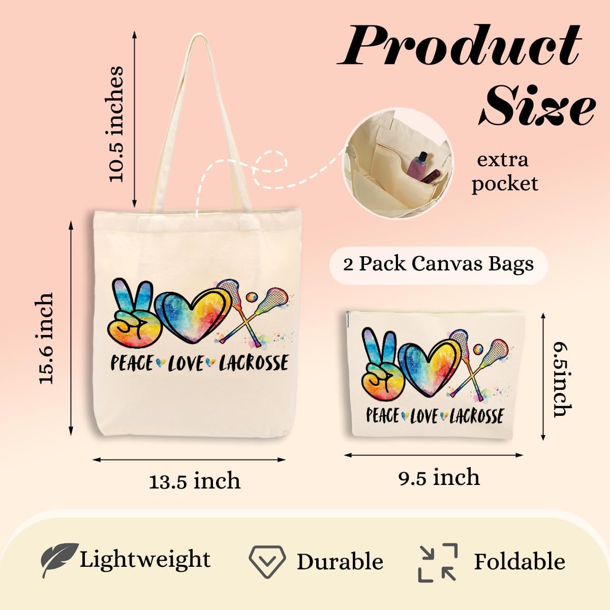 Lacrosse Gifts for Lacrosse Moms Sports Players Team Friend Niece Sister Girls Bestie Coworker Birthday Christmas Friendship 2PCS Cosmetic Bags Canvas Tote Bag Beach Bag with Pocket Makeup Bags - Image 4