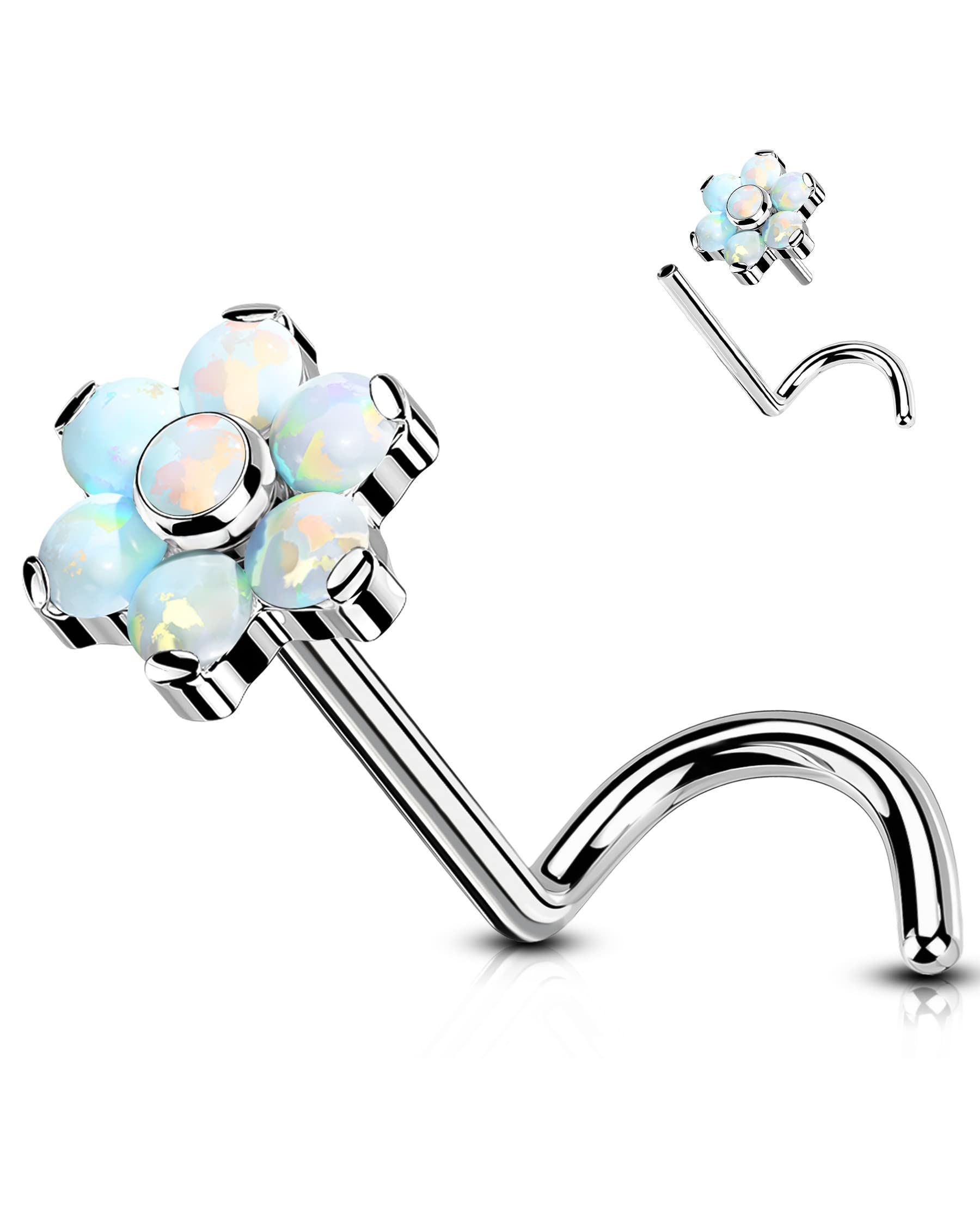 OUFER 20G Nose Screw Studs, Flower Designed Clear CZ Paved Push-in Nose Rings, G23 Solid Titanium Nose Studs, Nostril Piercing Jewelry for Women and Men