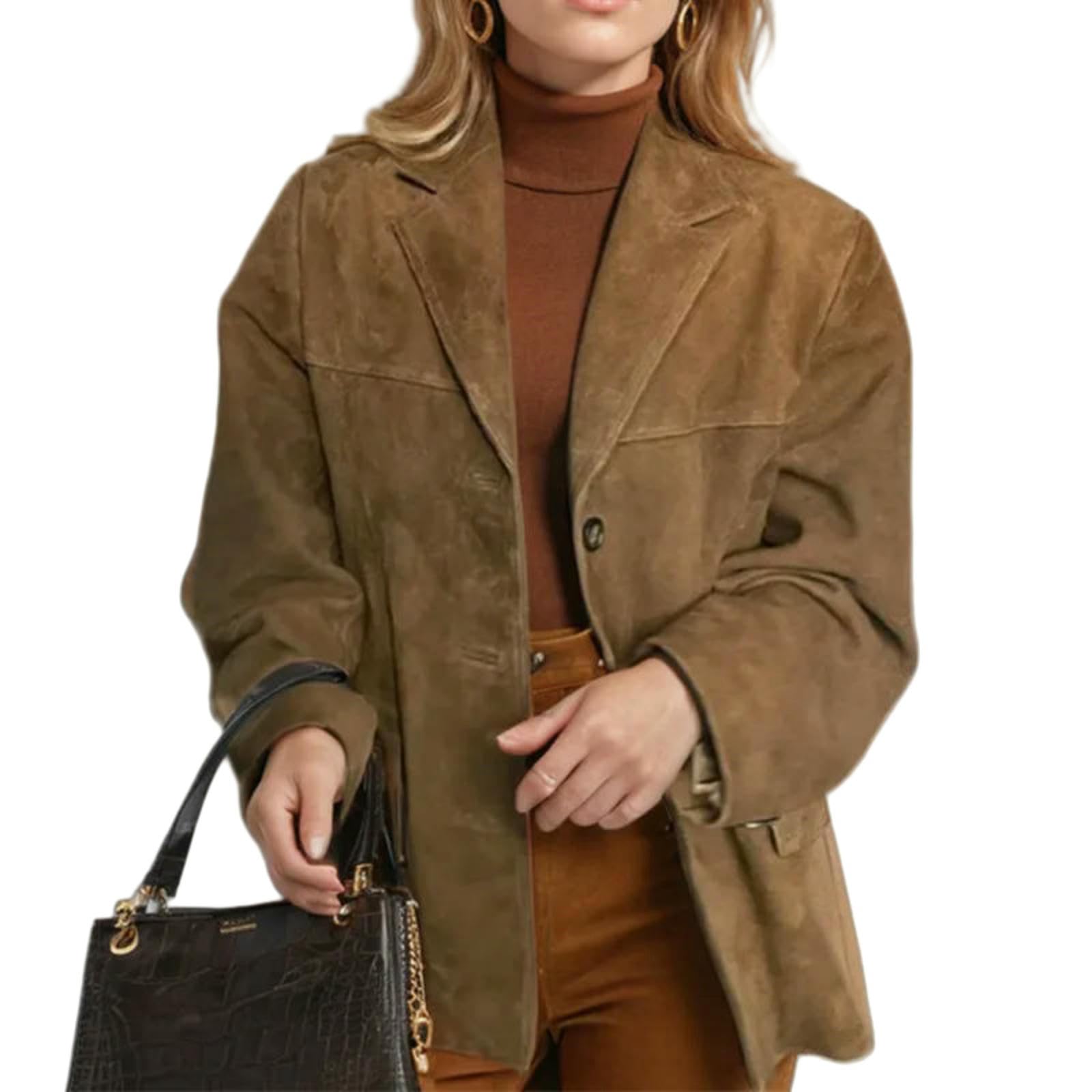 Abbigliamento Donna Donne in Pelle Scamosciata Giacca di Pelle in Pelle Autunnale A Petto Singolo Petto Sciolto Cappotto di Strada da Donna Esterni-Marrone-m