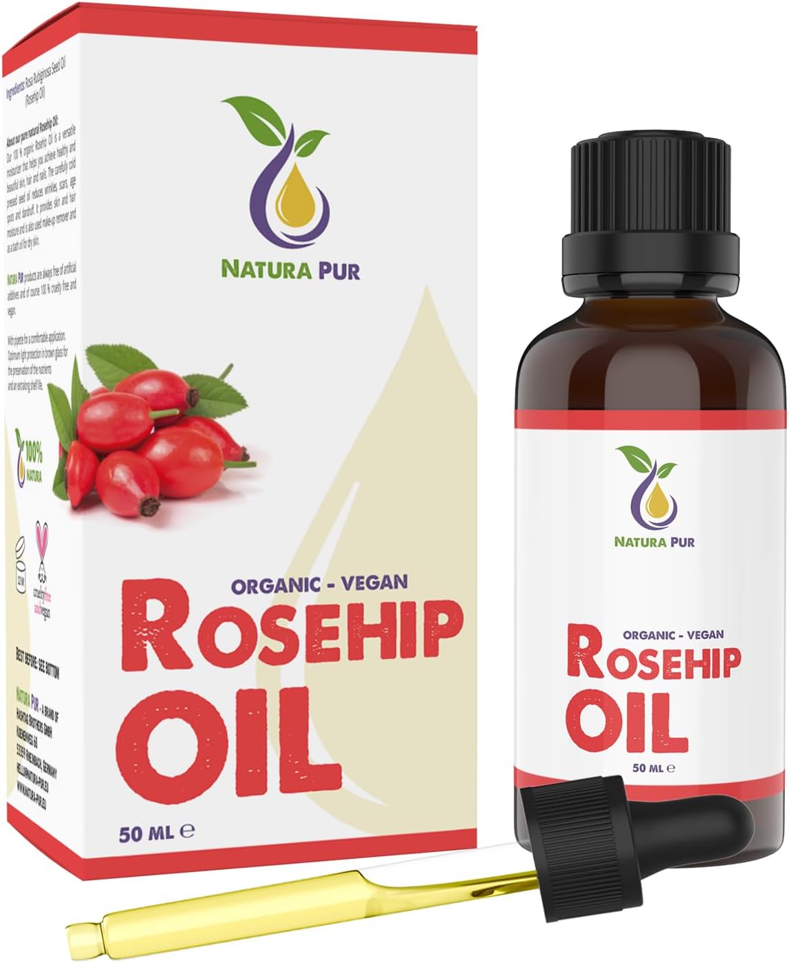 Rosehip Oil 50ml – 100% organic, cold pressed, vegan – Anti-aging Rose Hip Seed Oil for face, skin, body, hair, hands