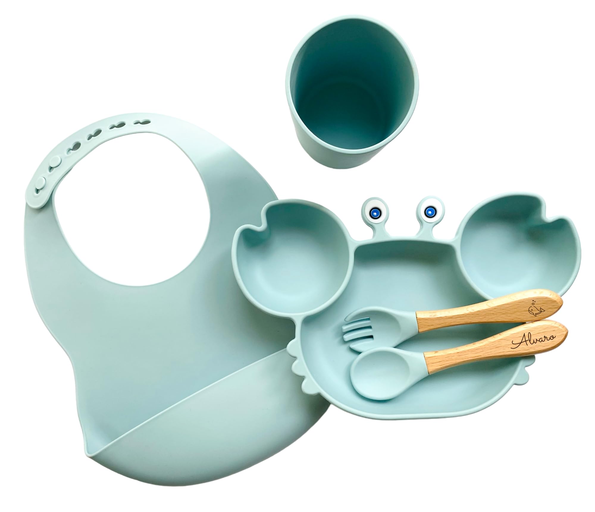 Ensemble repas ludique pour enfants : Pack repas personnalisé avec bavoir assorti et verre - Pratique, amusant et stylé, le tout en Bleu Ciel !
