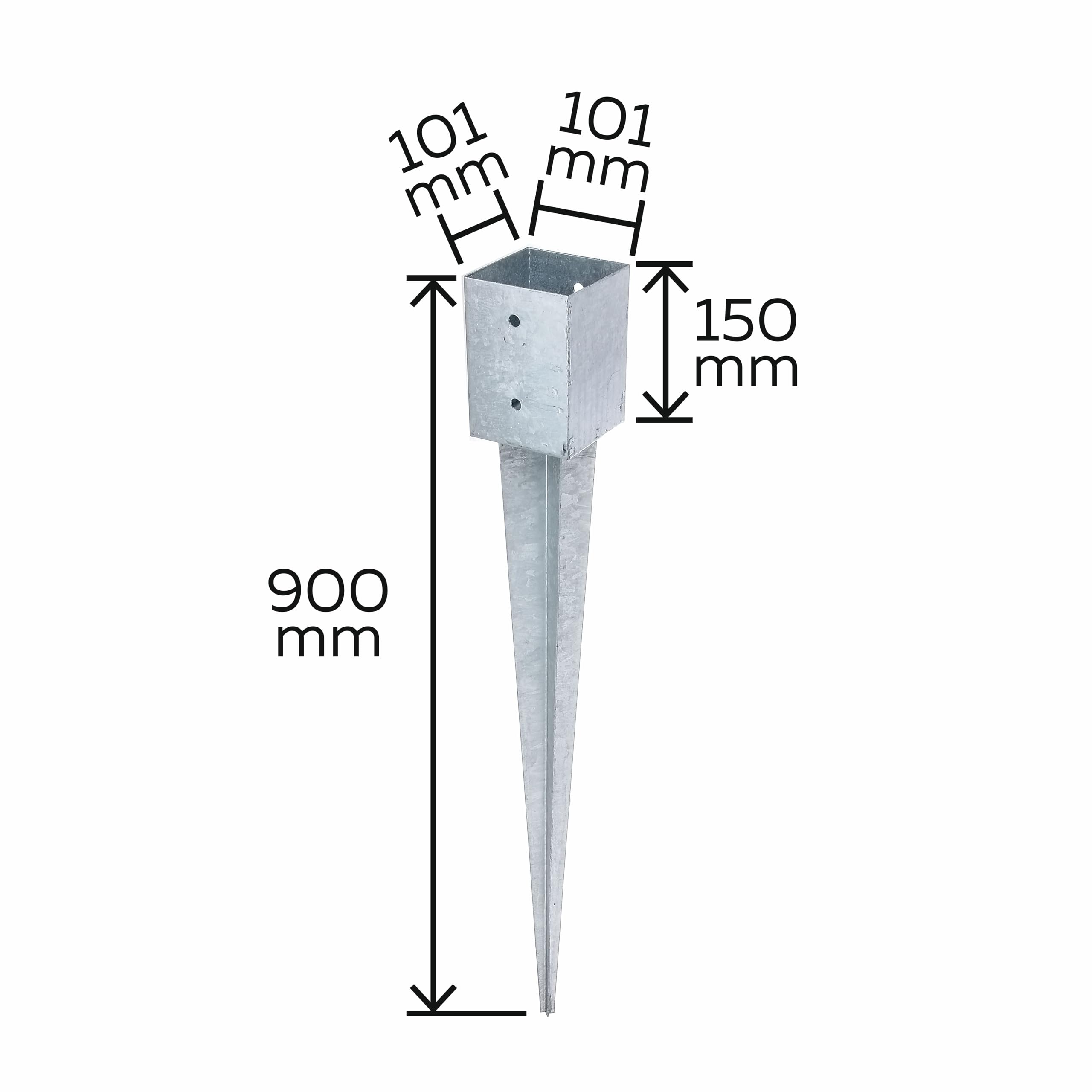 Alberts 211318 Anclaje para enterrar, Para postes de madera cuadrados y redondos, Galvanizado en caliente, 101 x 101 mm, Longitud total 900 mm