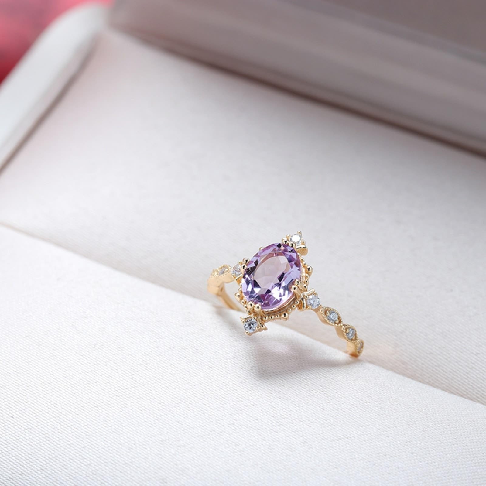 Alianzas de boda 9 K/14 K/18 K oro rosa con amatista púrpura ovalada, clásicas