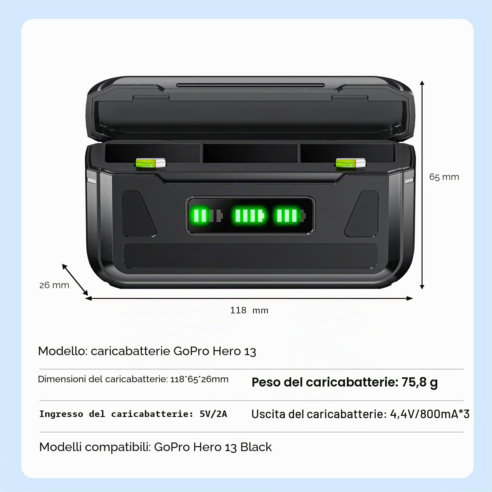 Hero 13 Caricabatterie per Hero 13 Black, Mission 1, Mission 1 Pro - Caricabatterie con display LCD, slot per schede TF, adatto alle basse temperature (batteria non inclusa)