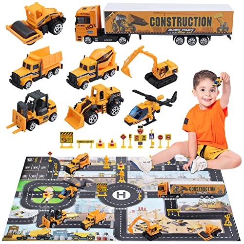 Camiones de Construcción de Juguete, Set de vehículo 8 Mini carritos con Alfombra Infantiles y Señales de tráfico, Coche Regalo Interior Exterior para...
