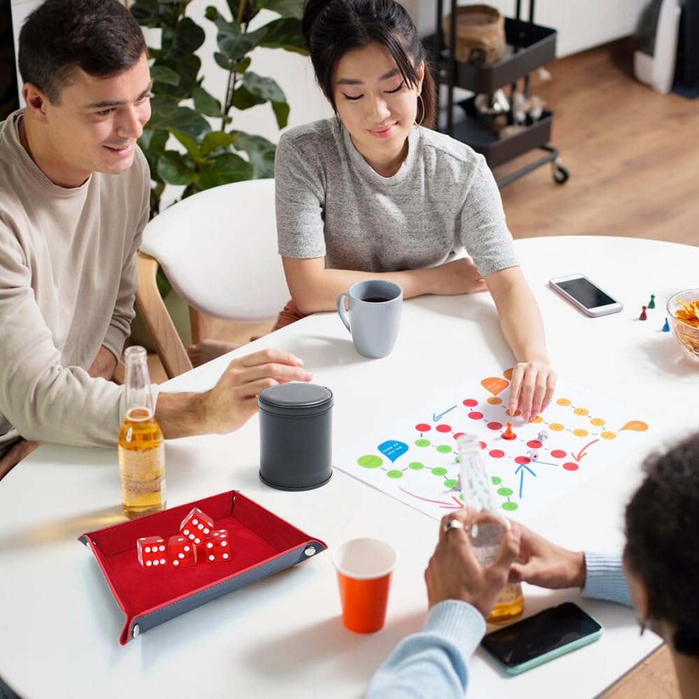 Cubilete Dados, Cubiletes Dado de Cuero, Taza Dados Profesional Tranquilo con 1 Bandeja Dados Plegable 5 Dados para Juegos de Dados, Cubiletes Dados Portátil para Fiesta Bar Viaje Cámping