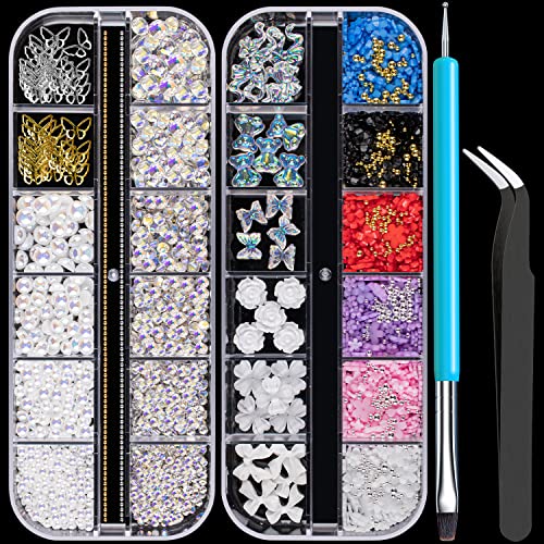 Mixed 3D Nail Art Gems Kit #2, Multi Shape Butterfly Bow Flower Pearl Rhinestones Charm Jewels For Acrylic Nails Decoration Accessories #TOP9