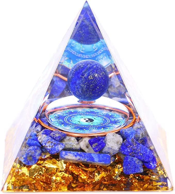 Moonstone Crystal Orgone Pyramid - Lapis Lazuli Ball Tai Chi - Ogan Crystal Energy Tower - Nature Reiki Healing Chakra Crushed Stone Jewelry - 6cm