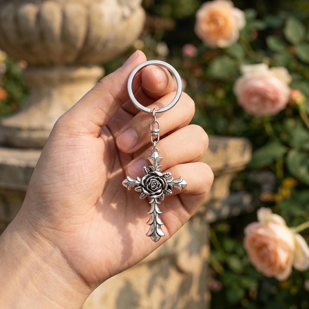 Cross Keychain – Rose Keychains Bag Charms for Women with Vintage Style, Cool Key Chains Car Keys Gifts for Colleagues, Teenages, Friends, Family, Girls image 3