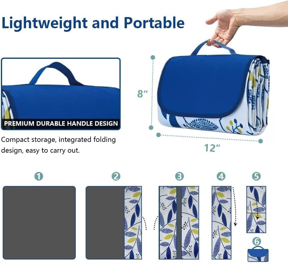 Image of Beach Blanket Outdoor Picnic Blankets Mat 80 inchx60 inch Extra Large Waterproof Sand Proof Camping Blanket Lightweight Folding Portable Travel Blanket for Family Park Beach Grass(Blue Print)