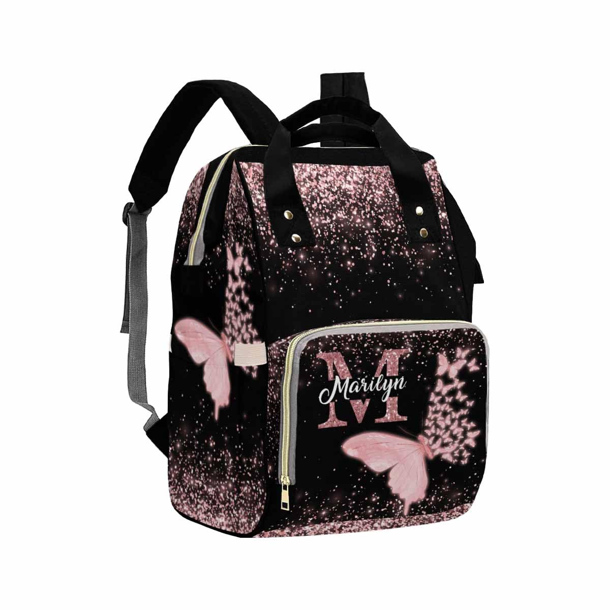 Artsadd Customized Large Capacity Diaper Bags Custom Pink Glitter Butterfly Diaper Backpack with Name Personalized Mommy Nursing Bags Casual Backpack for Women