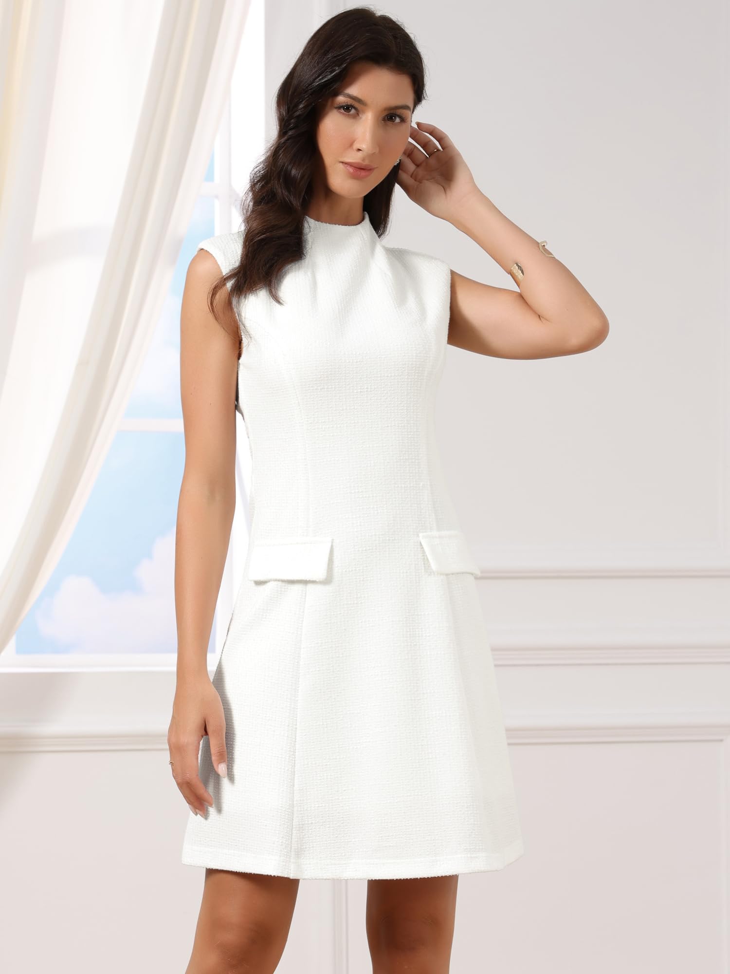 Allegra K Vestido de Tweed para Mujer sin Mangas con Cuello Alto Vestido Tubo de Oficina