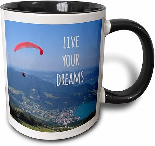 3dRose Live your dreams and fly - Palabras motivacionales inspiradoras - refranes motivadores - volar - parapente - Taza negra de dos tonos, 11