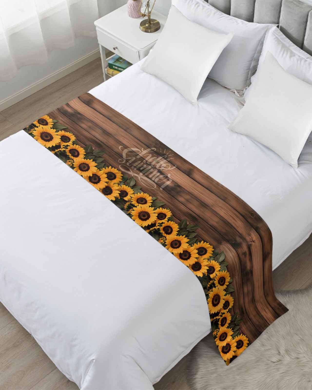 Twin Bed Runner Summer Sunflower Green Leaves Bedding Runner Scarves Decorative Bed Scarf, Vintage Wood Grain Soft Bed Runners for Bedroom Hotel Wedding 71x20IN