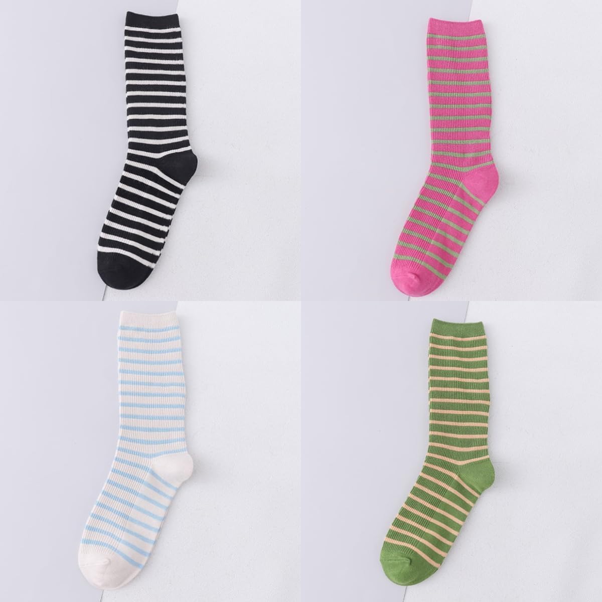 Striped Socks High Ankle Women Cotton 8 Pairs Double-Needle Retro Style Cute Casual Crew Socks - Image 7