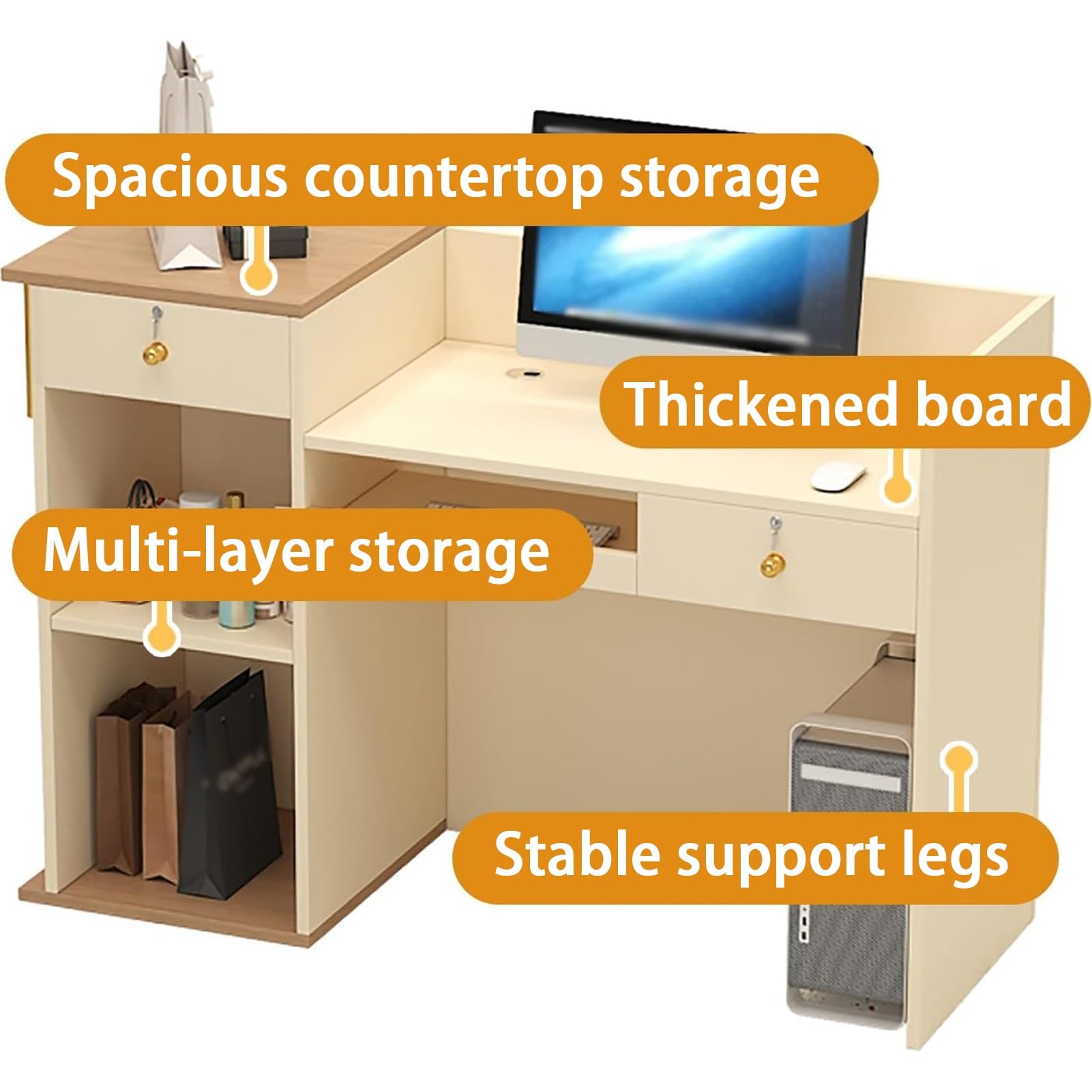Comptoir de Réception, Comptoir D'accueil, Table de Réception avec Grand Rangement, Comptoir de Caisse Spacieux, Comptoir de Caisse, Parfait Pour Les Espaces de Réception de Bureau(Apricot,120c