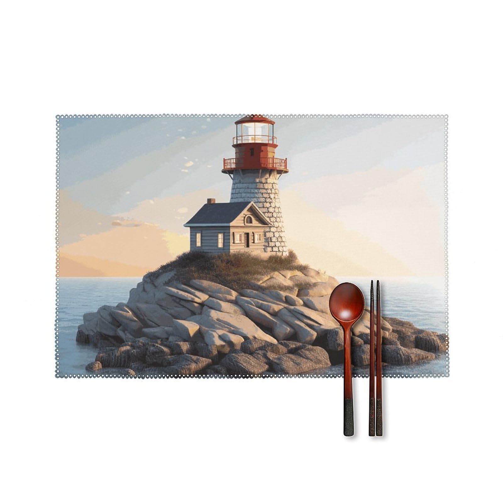 Btcowzrv Style 3D Seaside Lighthouse Canvas Placemats Set Of 6, Wipeable Washable Place Mats For Indoor & Outdoor, Table Mat Decor For Kitchen Dining Party