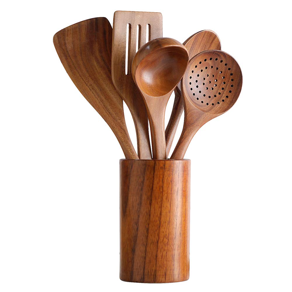 Healthy Cooking Utensils Set,Tmkit Wooden Cooking Tools and storage wooden barrel- Natural Nonstick Hard Wood Spatula and ...