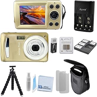 Acuvar 16 MegaPixel Entry Camera Vlogging Kit with Flexible Tripod, SD Card Reader, 4 AAA Batteries & Charger, 6 Slot SD Card Holder, Lens Cleaning Kit and Hard Shell Case (Gold)