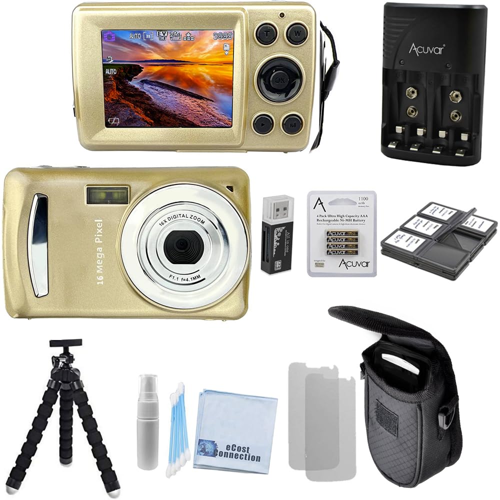 Acuvar 16 MegaPixel Entry Camera Vlogging Kit with Flexible Tripod, SD Card Reader, 4 AAA Batteries & Charger, 6 Slot SD Card Holder, Lens Cleaning Kit and Hard Shell Case (Gold)
