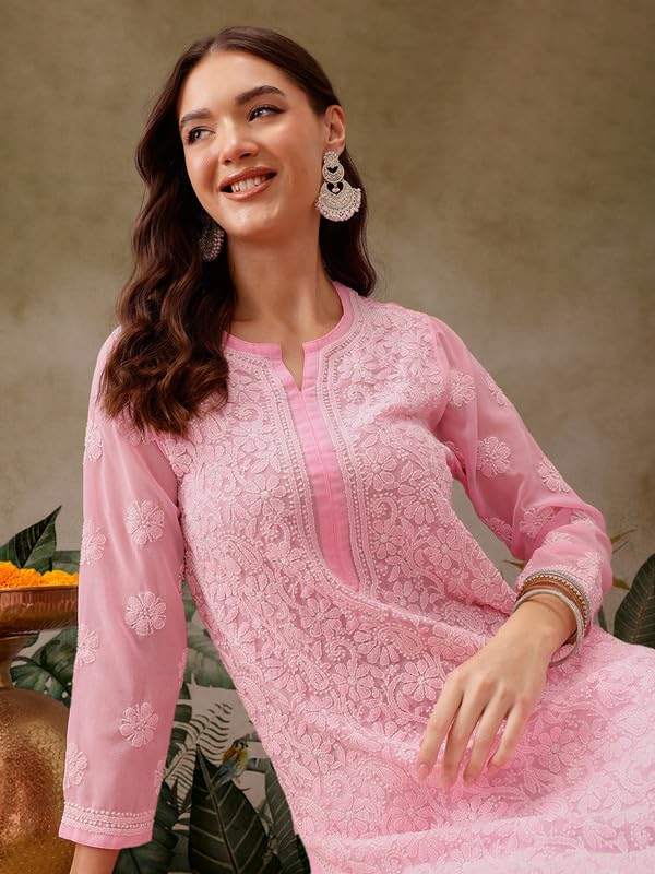 Image of Ada Hand Embroidered Chikankari Pink Georgette Kurta for Women A95581 (XS) | Handmade Lucknowi Chikan Embriodery ethnic kurti office work casual Straight Women's faux handcrafted Tunic