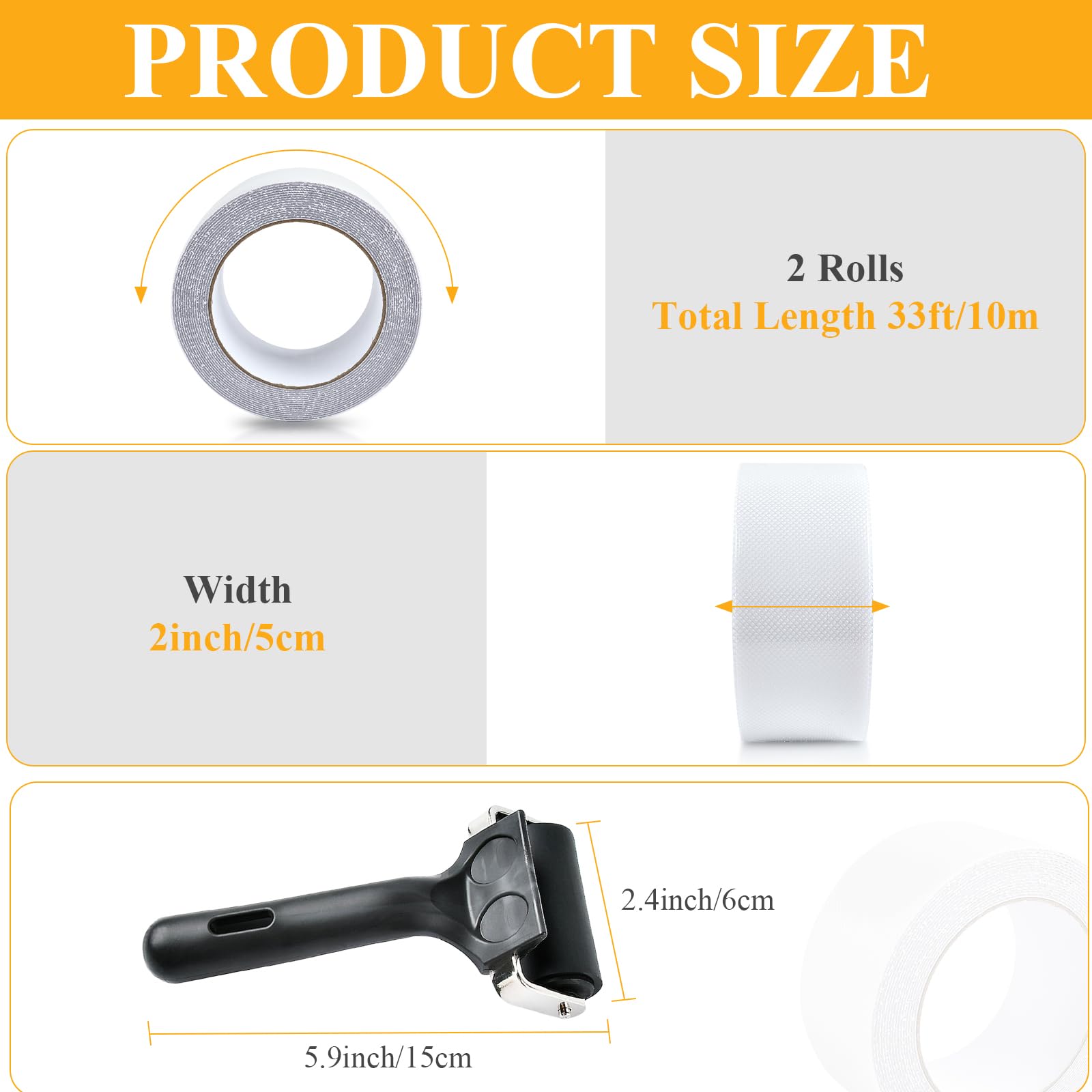 Supkiir 2 Roll Anti Slip Tape, 2Inch X 33Ft Clear Grip Tape with Rubber Roller, Waterproof Safety Stair Grips Tape for Indoor and Outdoor, Silicone Non Slip Tape for Stairs Tubs