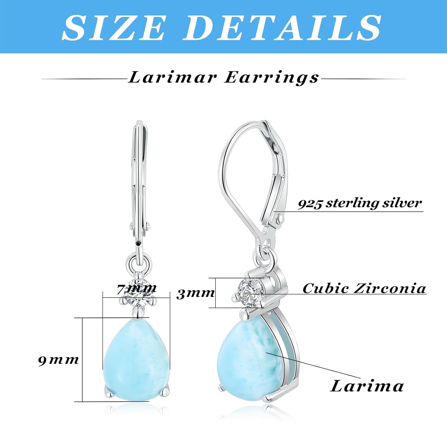 Larimar Dangle Earrings, 925 Sterling Silver Gemstone Larimar Drop Earrings for Women - Image 6