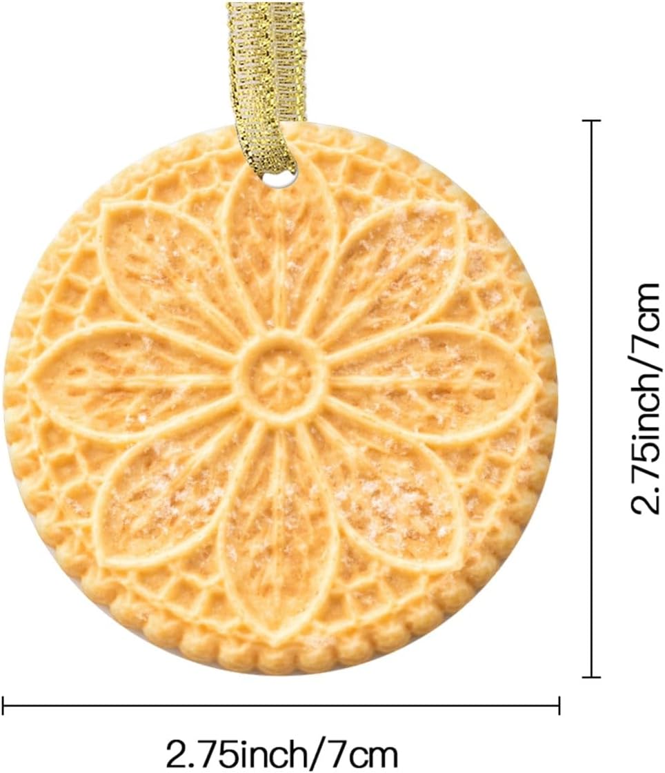 Pizelle Wafer Cookies Thin Crisp Biscuit Sweet Dessert Bakery Pastry Inspired Treat Personalized Food Flat Printed Image on Ceramic Ornament – NOT 3D, Custom Text Back, Christmas Ornament