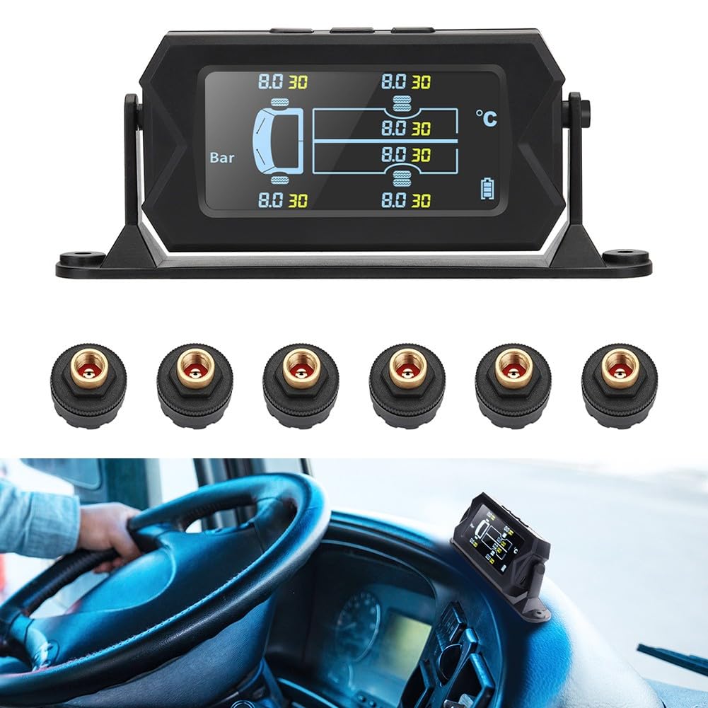 KiraKira Bezprzewodowy TPMS z 6 czujnikami zewnętrznymi, samochód solarny do systemu monitorowania ciśnienia w oponach, wyświetlacz LCD i alarm niskiego ciśnienia