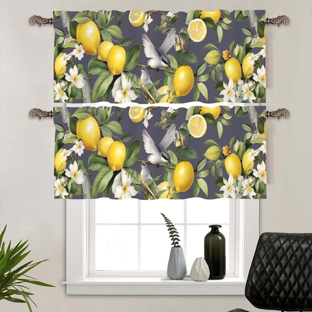 2 Panels Rustic Lemon Bird Window Valances, Yellow Fruit Food Window Treatment Decor Curtains Rod Pocket Valances for Kitchen/Living Room, 54" X 18"