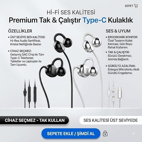 Type-C Kablolu Küpe Şeklinde Kulak İçi Kulaklık Tak Çalıştır (Gümüş)