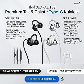 Type-C Kablolu Küpe Şeklinde Kulak İçi Kulaklık Tak Çalıştır (Gümüş)