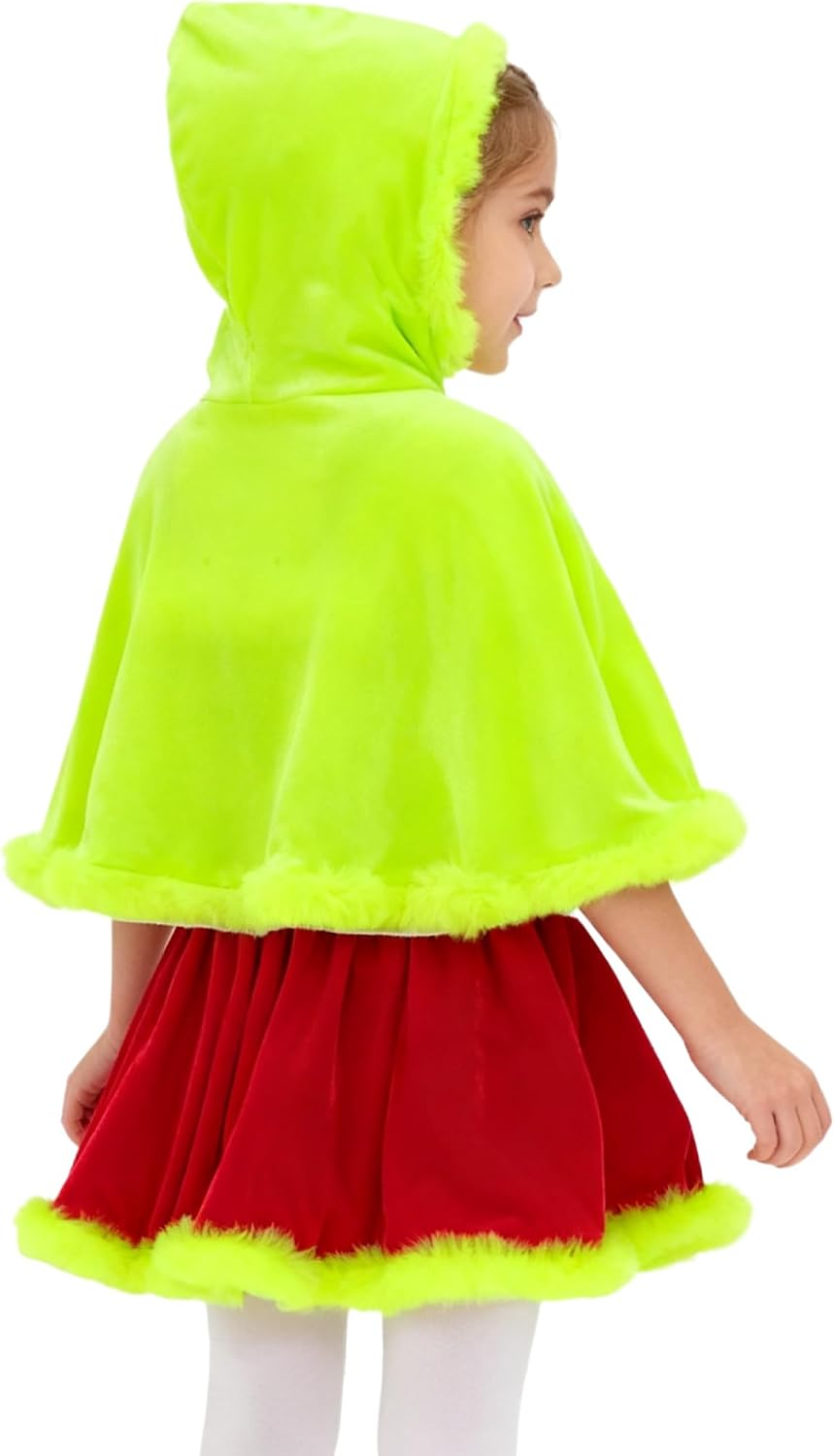 Kids Girls Dress Up Plush Trim Sleeveless Dance Dress Seamed with Waistbelt Hooded Shawl Cape