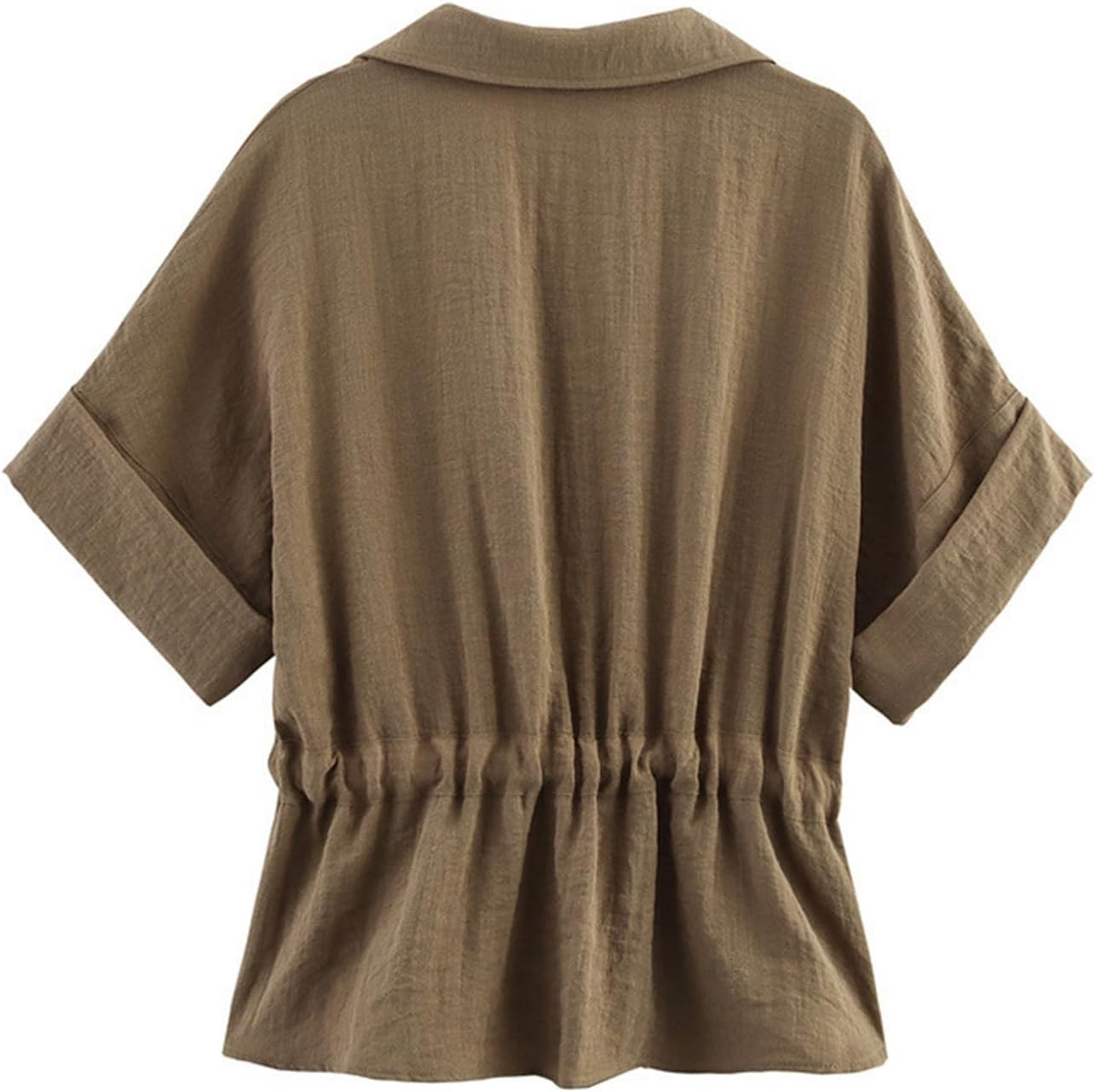 Women's Summer Casual Short Sleeve Safari Shirts Lapel Collar Zipper Work Blouse Tops with Drawstring Loose Outfits