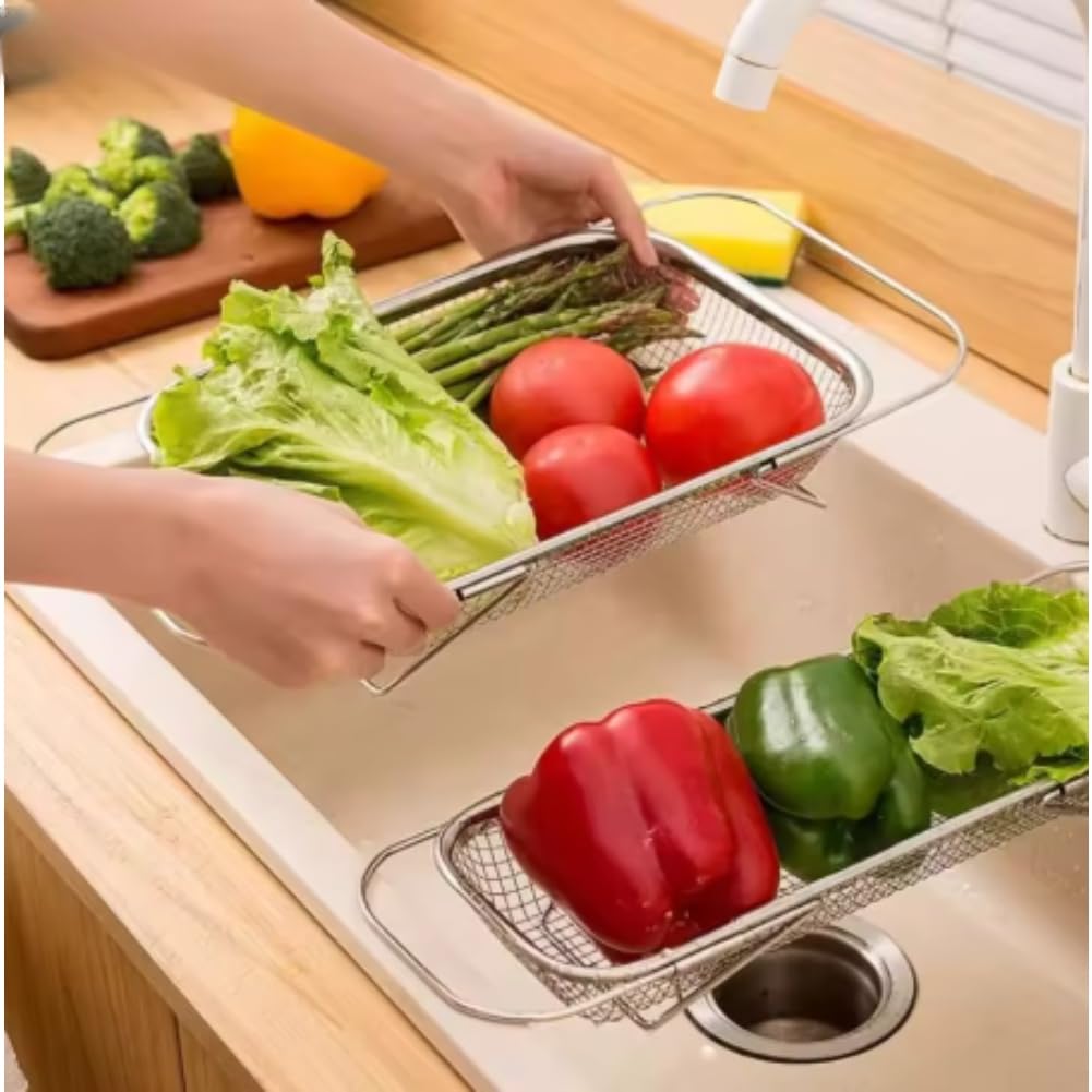 Colander de acero inoxidable con diseño telescópico ajustable para fregaderos de 31 cm y 51,5 cm, fruta eficiente para drenaje vegetal