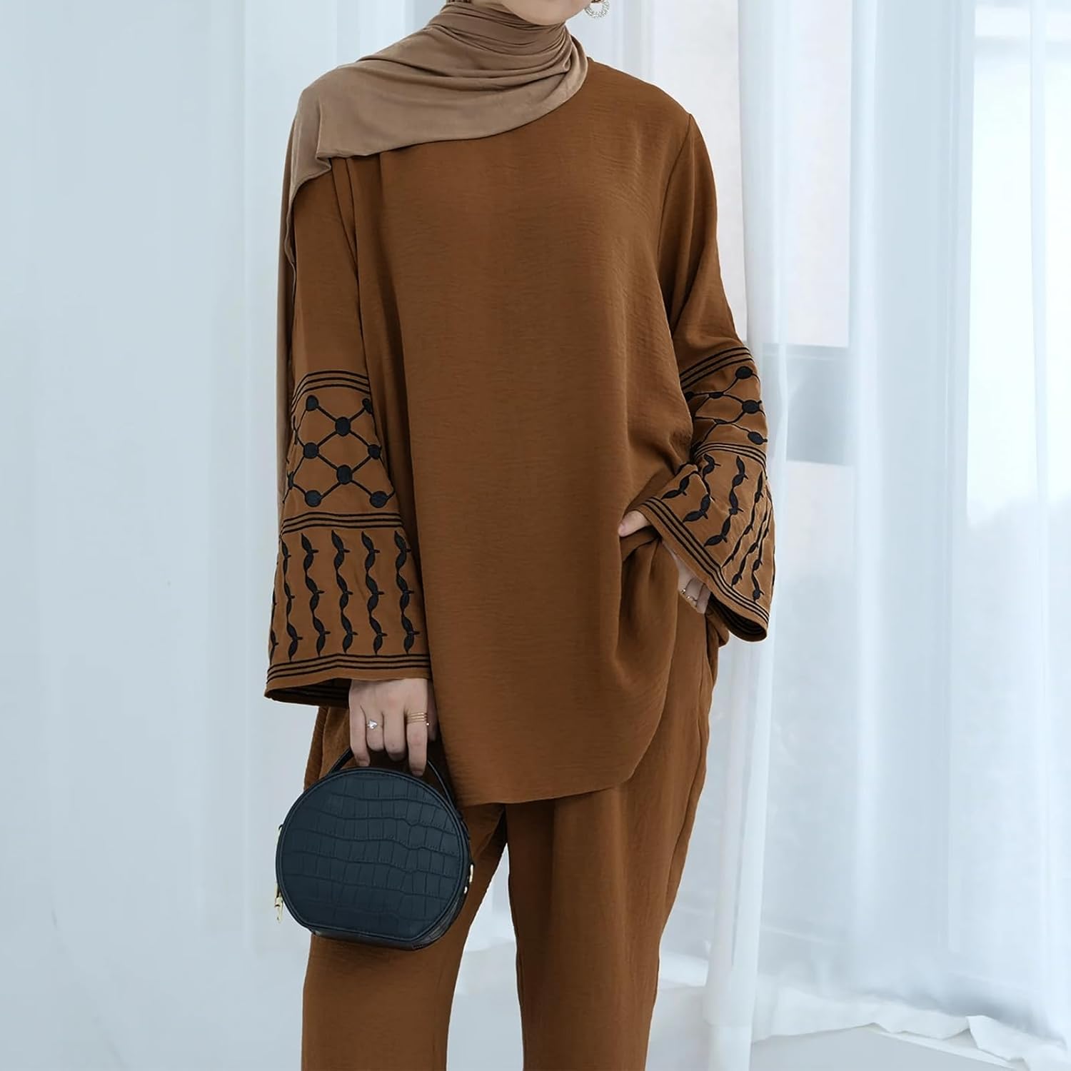 2 Piece Muslim Outfits for Women Palestine Embroidery Abayas Long Sleeve Loose Top Pants Islamic Dubai Prayer Clothes