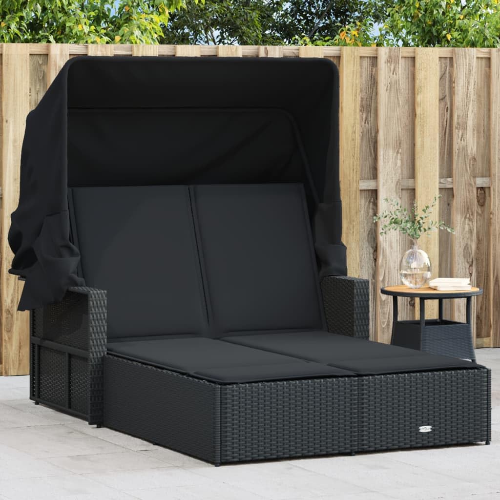 Divano letto doppio per esterni, con baldacchino e cuscini, mobili da giardino regolabili, in rattan sintetico, nero, elegante e confortevole, lettino prendisole per il relax