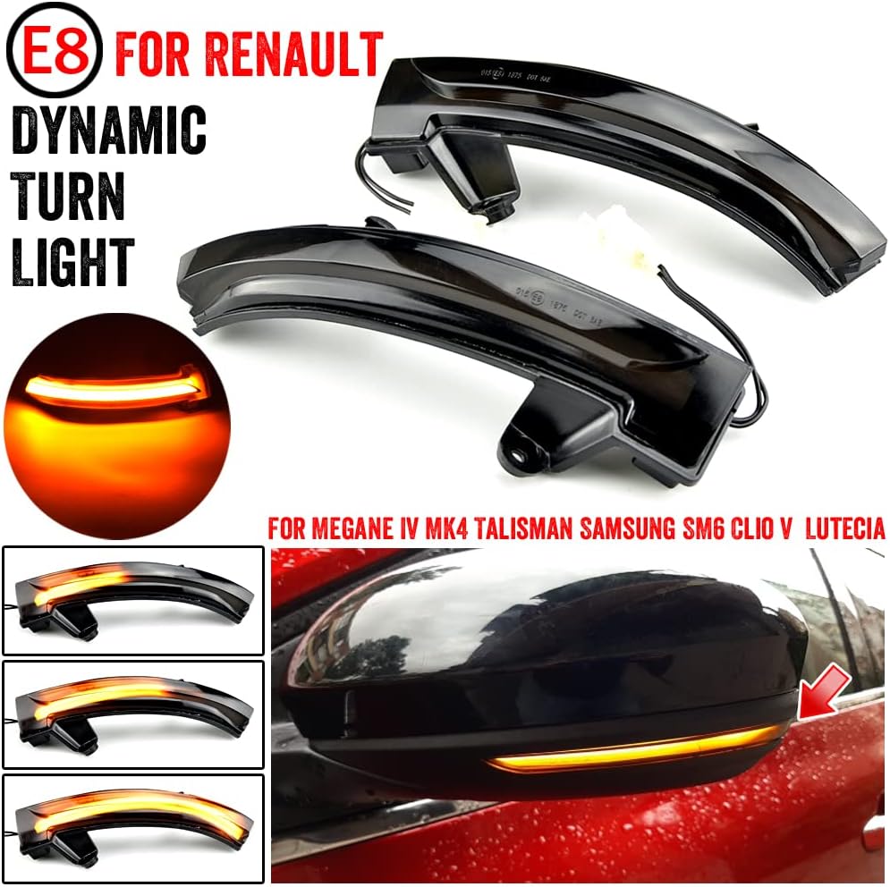 2pcs LED Dynamic Turn Signal Light Assembly Side Mirror Sequential Blinker Lamp Compatible with Re-nault Me-gane IV Me-gane 4 IV 2015-up Talisman Clio 5 V