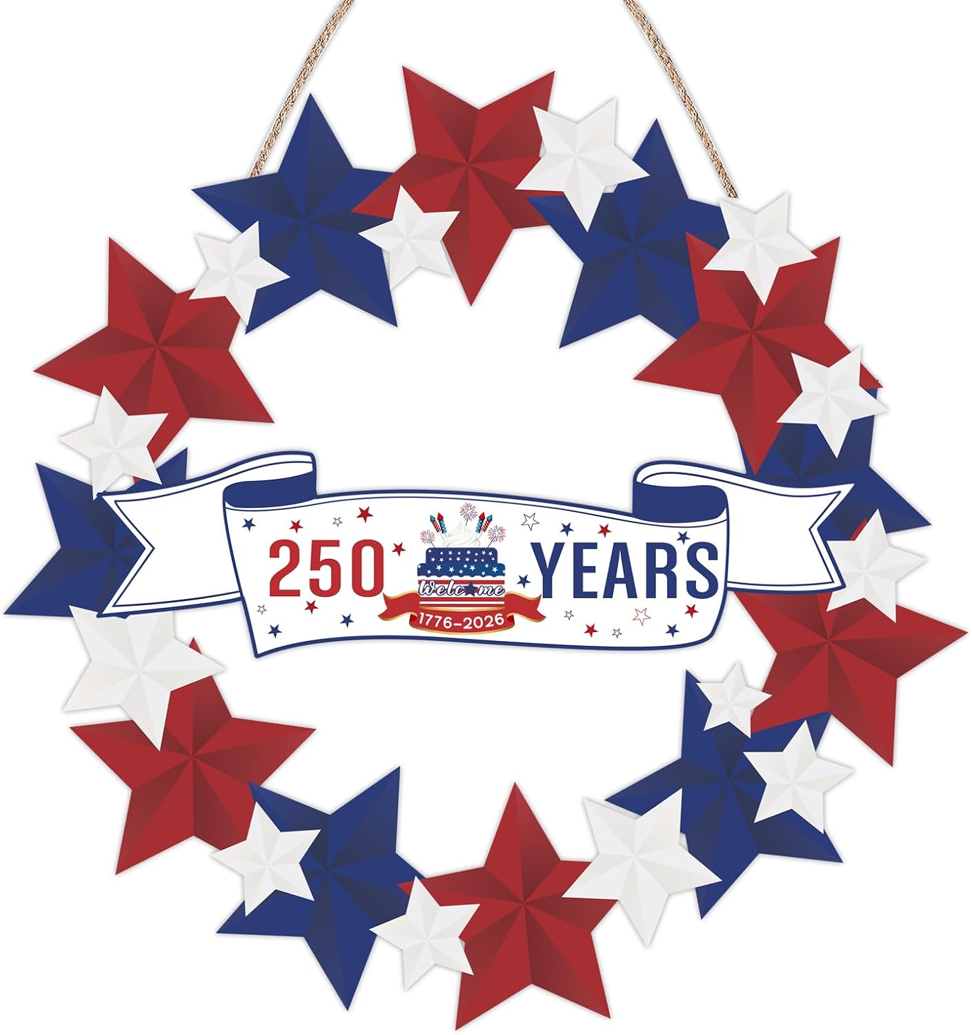 4th of July Decorations Patriotic Wreath-Wooden 250th Independence Day Decoration Red White Blue Star Door Sign Welcome Memorial Day Hanging for 4th of July Patriotic Party Home Front Door Wall Decor