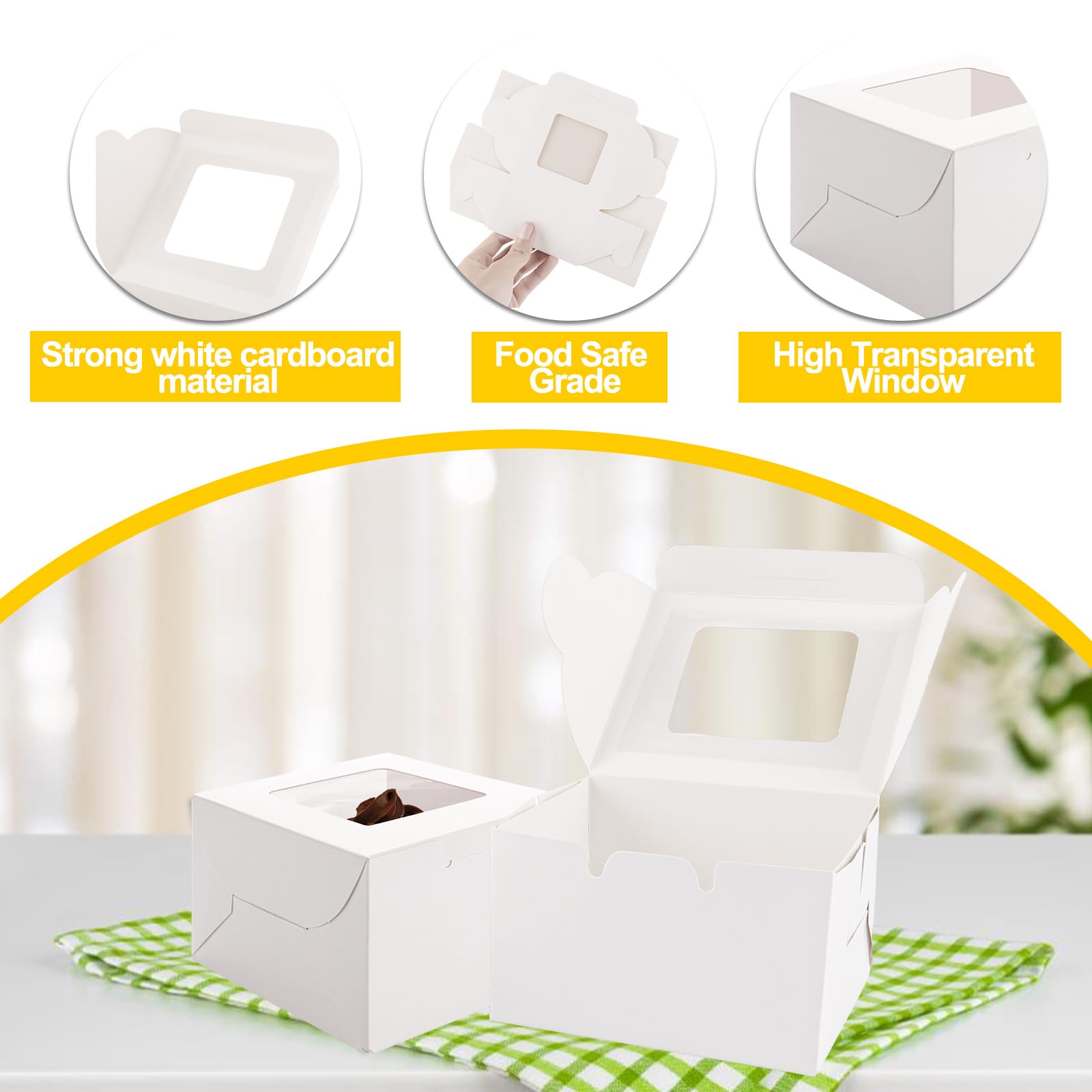 CYEER Paquete de 100 cajas para tartas, 4 x 4 x 2.5 pulgadas, cajas individuales blancas para cupcakes, pequeñas cajas para pasteles de panadería con ventana, mini cajas de dulces para porciones de