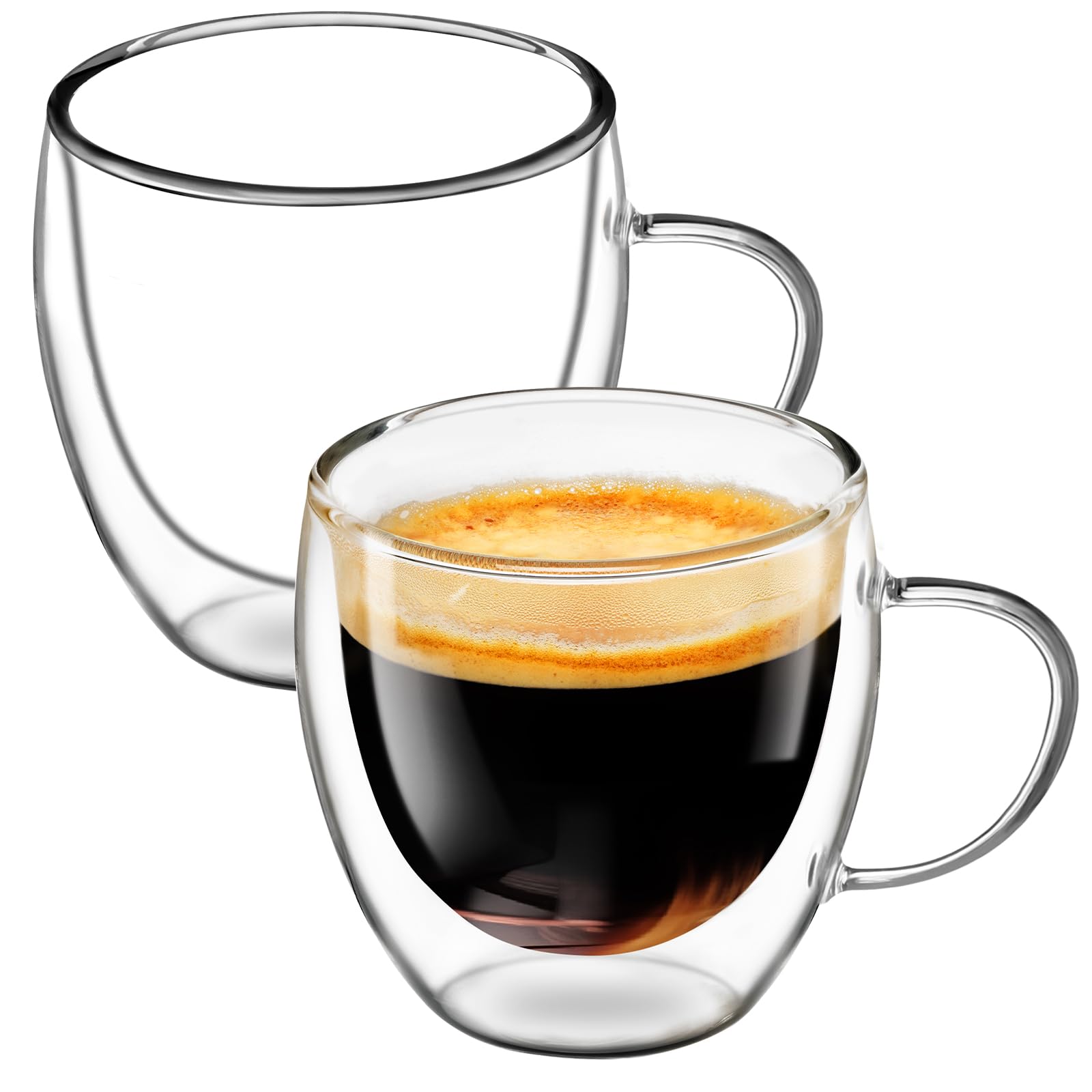 Glass Coffee Cups Set of 2, 8.5oz Double Walled Glass Mugs with Handles, Clear Insulated Coffee Mug Espresso Cups, Cappuccino Latte Tea Cups Set, Heat Resistant Borosilicate Clear Glasses