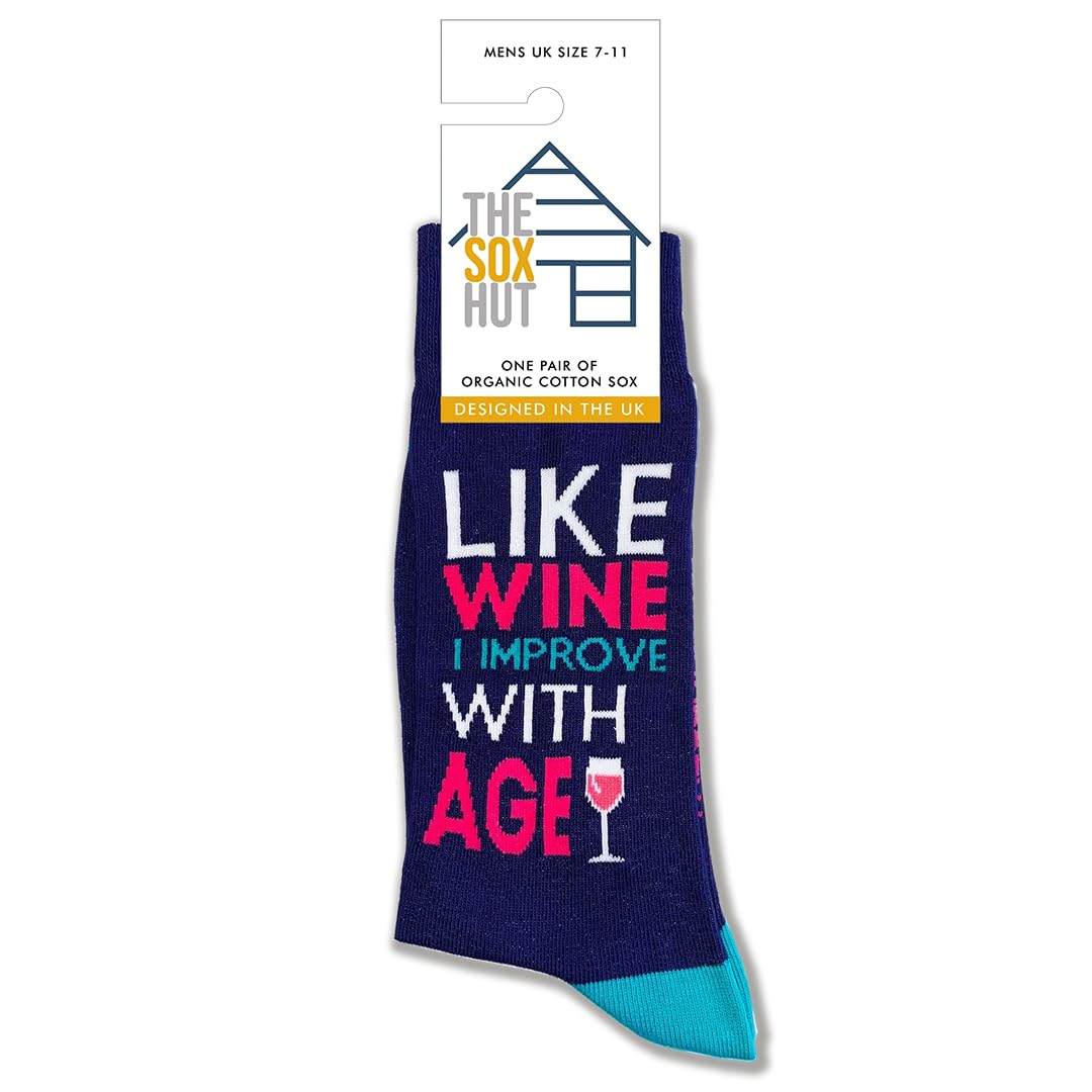The Sox Hut Women's Black Socks With 'Like Wine I Improve' Slogan, Men's Size 7-11, Size 4-8 (Uk, Numeric, 4, Regular, Regular)