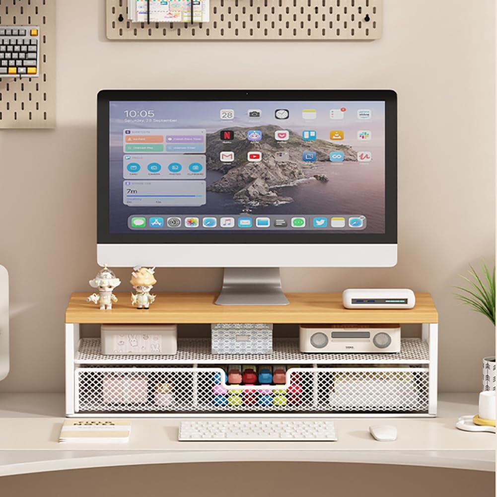 CAKERS Riser De Stand De Moniteur En Métal Robuste | Étagère D'organisateur De Bureau Polyvalent Avec Tiroir De Stockage | Accessoires De Bureau Créatifs,Blanc,50x20x17cm (19.6x7.8x6.6 Pouces)